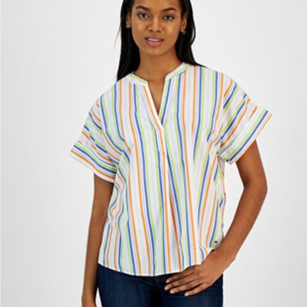 Tommy Hilfiger Womens Large Multi Color Striped Cotton Split Neck Blouse Top